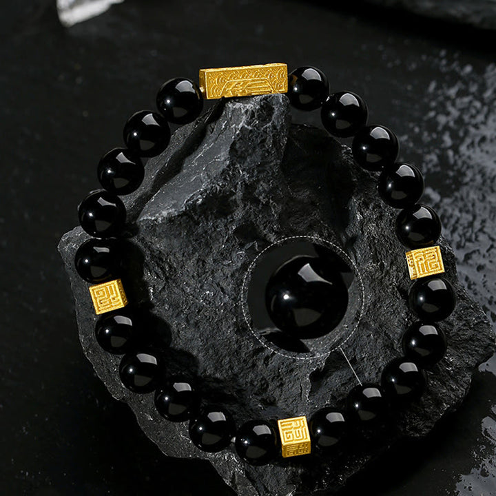 Bransoletka Buddha Stones Czarny Obsydian 925 Srebro Sterling Fu Character Cube Strength