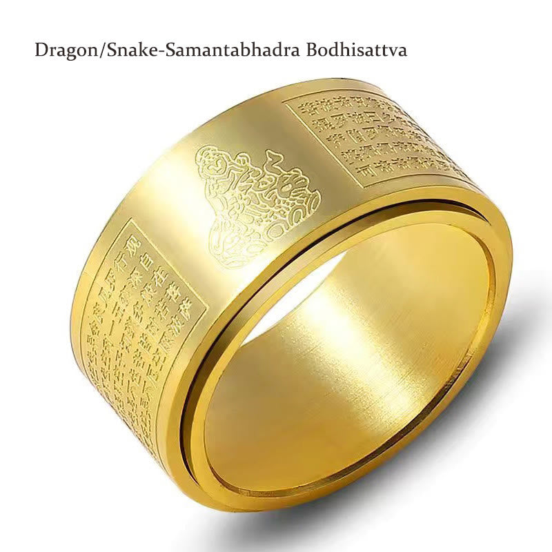 Buddha Stones Chiński Zodiak Natal Budda Sutra Serca Rzeźbiony Tytan Stal Spokojny Obrotowy Pierścień