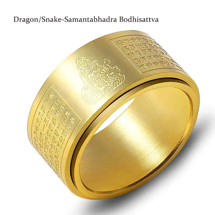 Buddha Stones Chiński Zodiak Natal Budda Sutra Serca Rzeźbiony Tytan Stal Spokojny Obrotowy Pierścień