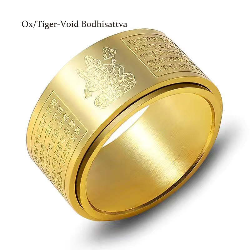 Buddha Stones Chiński Zodiak Natal Budda Sutra Serca Rzeźbiony Tytan Stal Spokojny Obrotowy Pierścień