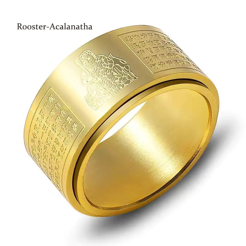 Buddha Stones Chiński Zodiak Natal Budda Sutra Serca Rzeźbiony Tytan Stal Spokojny Obrotowy Pierścień