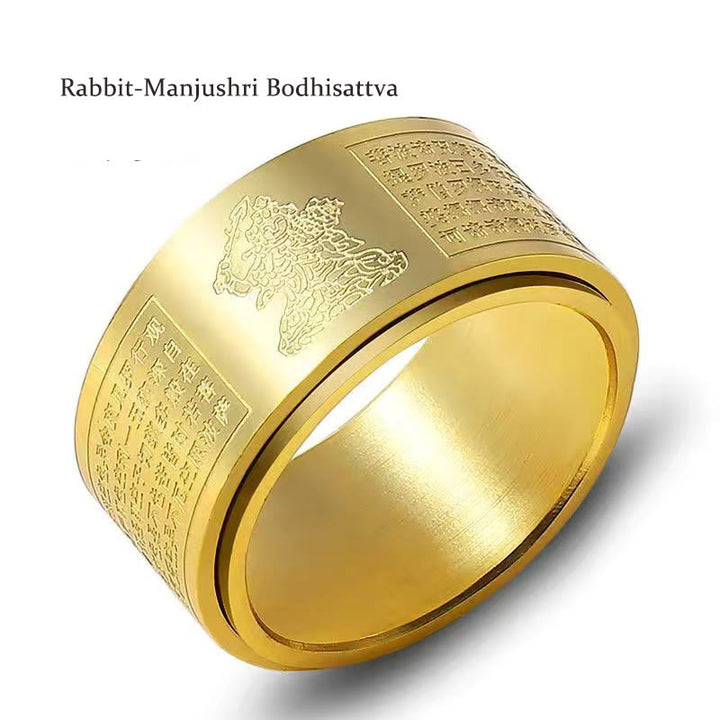 Buddha Stones Chiński Zodiak Natal Budda Sutra Serca Rzeźbiony Tytan Stal Spokojny Obrotowy Pierścień