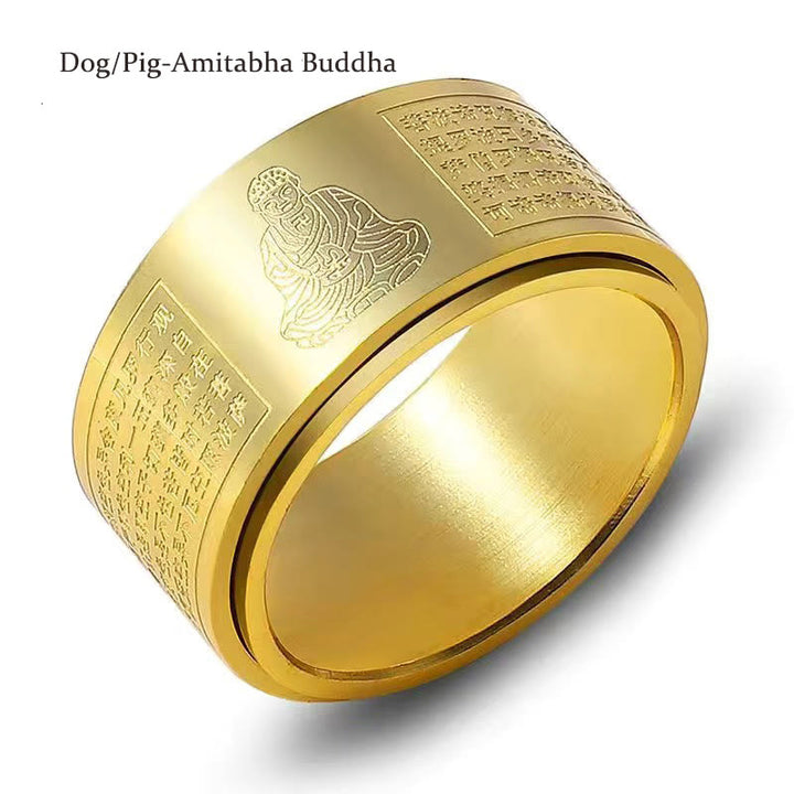 Buddha Stones Chiński Zodiak Natal Budda Sutra Serca Rzeźbiony Tytan Stal Spokojny Obrotowy Pierścień