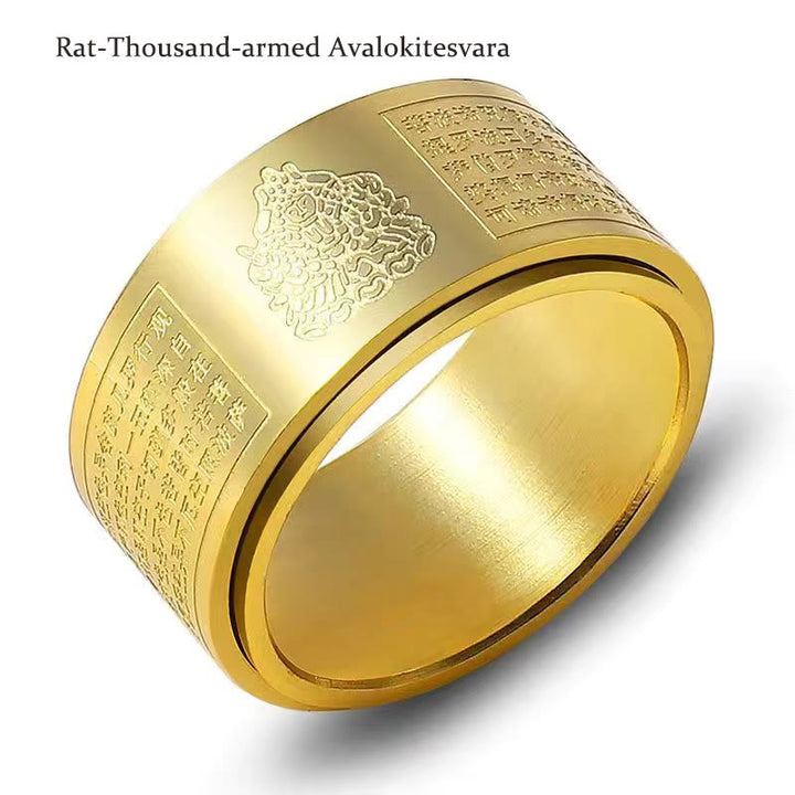 Buddha Stones Chiński Zodiak Natal Budda Sutra Serca Rzeźbiony Tytan Stal Spokojny Obrotowy Pierścień