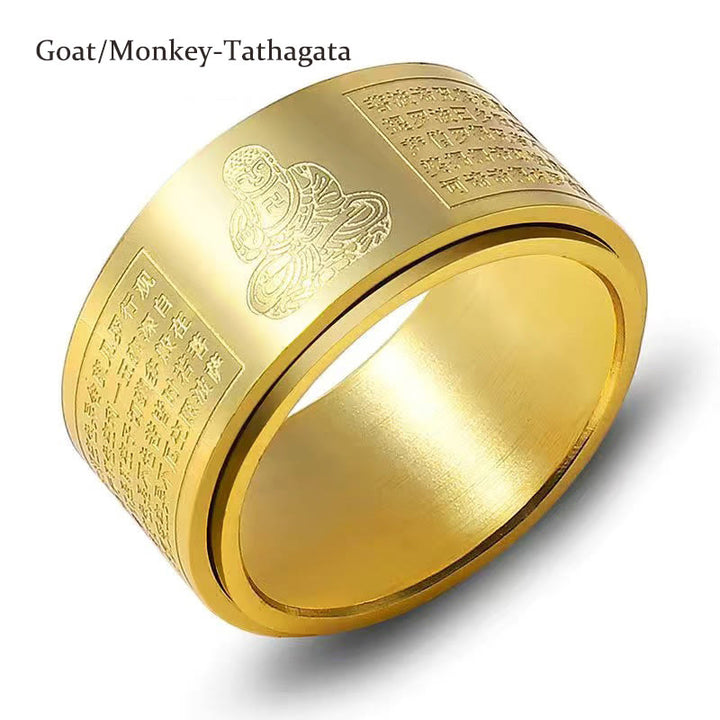 Buddha Stones Chiński Zodiak Natal Budda Sutra Serca Rzeźbiony Tytan Stal Spokojny Obrotowy Pierścień