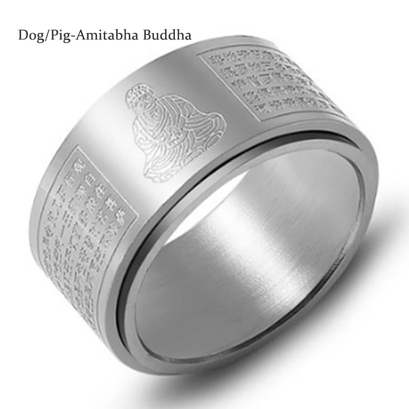 Buddha Stones Chiński Zodiak Natal Budda Sutra Serca Rzeźbiony Tytan Stal Spokojny Obrotowy Pierścień