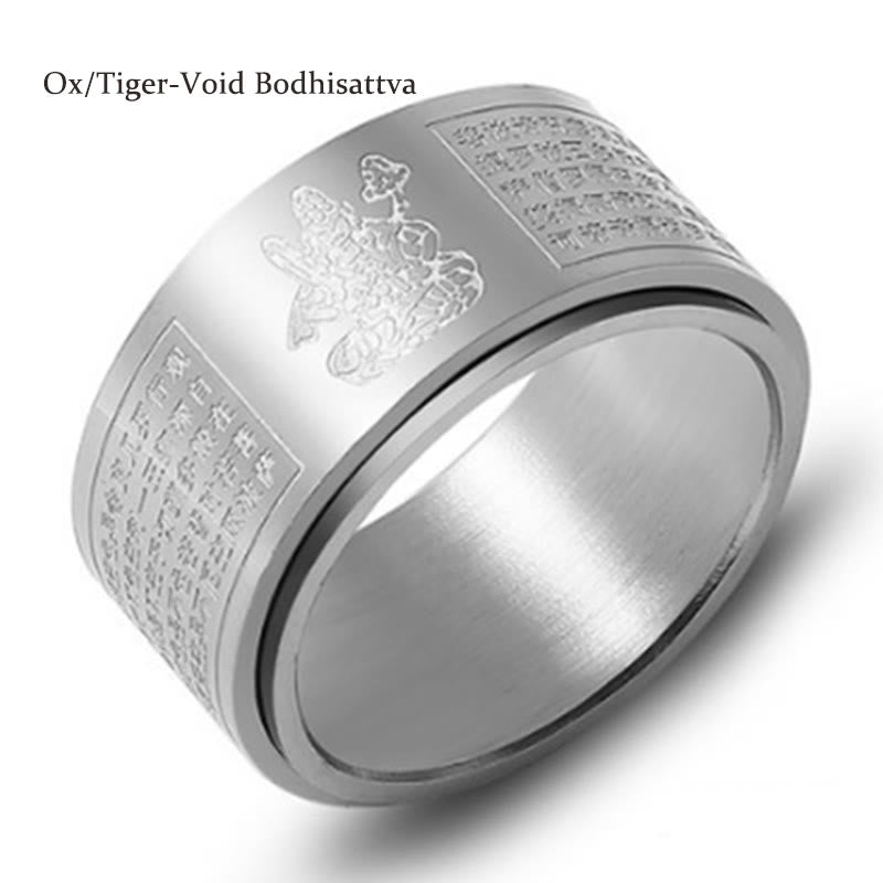 Buddha Stones Chiński Zodiak Natal Budda Sutra Serca Rzeźbiony Tytan Stal Spokojny Obrotowy Pierścień