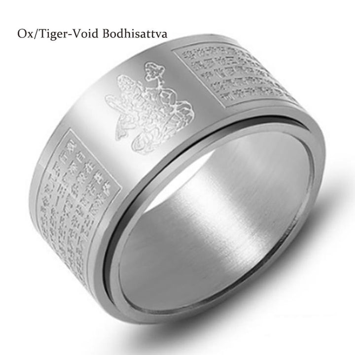 Buddha Stones Chiński Zodiak Natal Budda Sutra Serca Rzeźbiony Tytan Stal Spokojny Obrotowy Pierścień