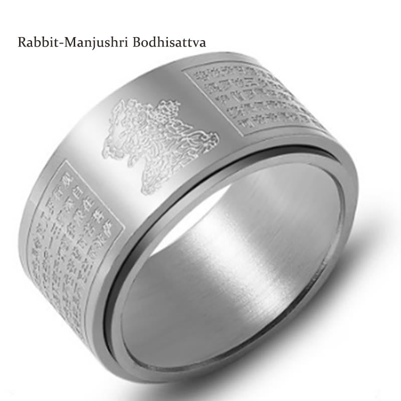 Buddha Stones Chiński Zodiak Natal Budda Sutra Serca Rzeźbiony Tytan Stal Spokojny Obrotowy Pierścień