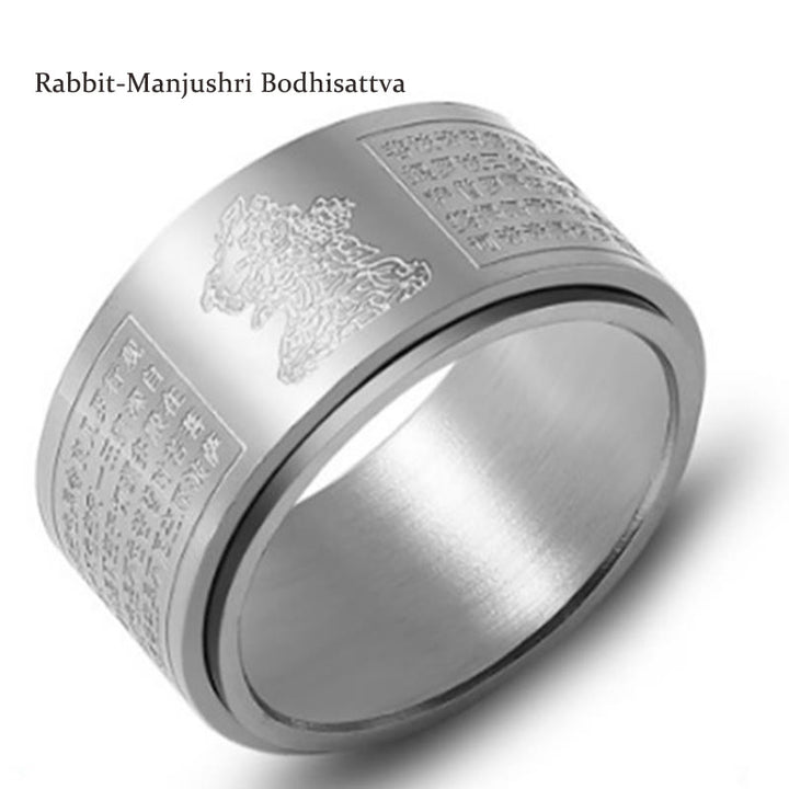 Buddha Stones Chiński Zodiak Natal Budda Sutra Serca Rzeźbiony Tytan Stal Spokojny Obrotowy Pierścień