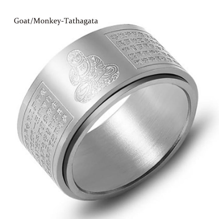 Buddha Stones Chiński Zodiak Natal Budda Sutra Serca Rzeźbiony Tytan Stal Spokojny Obrotowy Pierścień