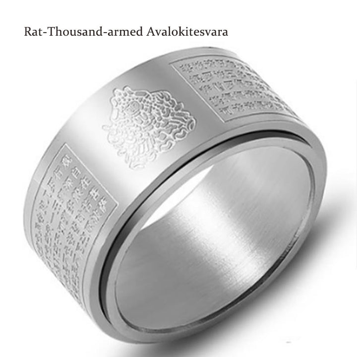 Buddha Stones Chiński Zodiak Natal Budda Sutra Serca Rzeźbiony Tytan Stal Spokojny Obrotowy Pierścień