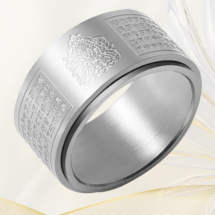 Buddha Stones Chiński Zodiak Natal Budda Sutra Serca Rzeźbiony Tytan Stal Spokojny Obrotowy Pierścień