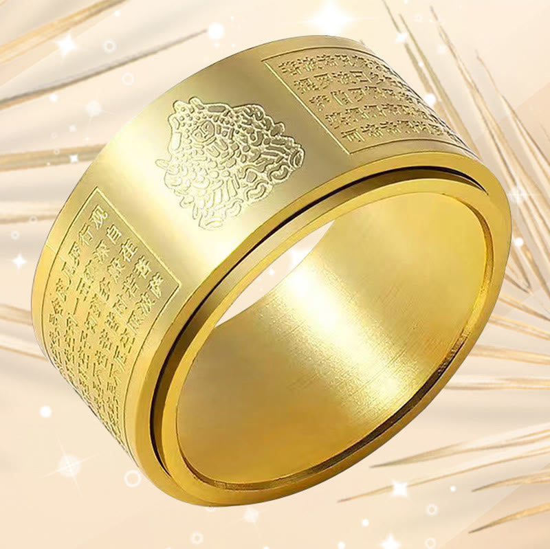 Buddha Stones Chiński Zodiak Natal Budda Sutra Serca Rzeźbiony Tytan Stal Spokojny Obrotowy Pierścień