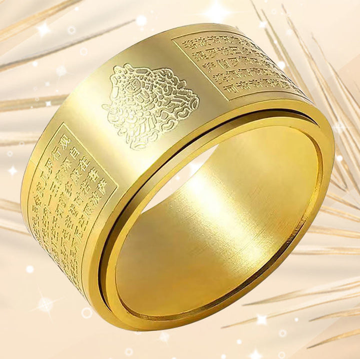 Buddha Stones Chiński Zodiak Natal Budda Sutra Serca Rzeźbiony Tytan Stal Spokojny Obrotowy Pierścień