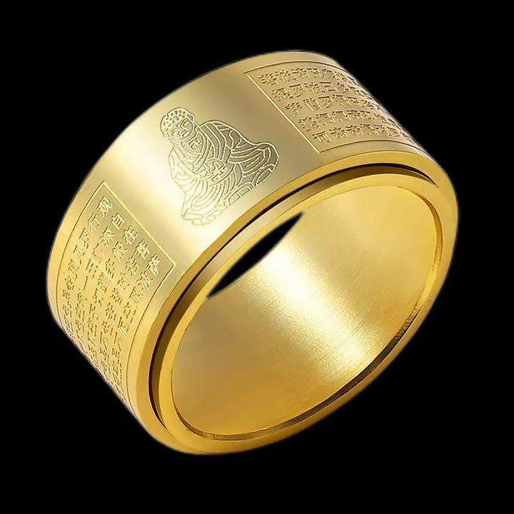 Buddha Stones Chiński Zodiak Natal Budda Sutra Serca Rzeźbiony Tytan Stal Spokojny Obrotowy Pierścień