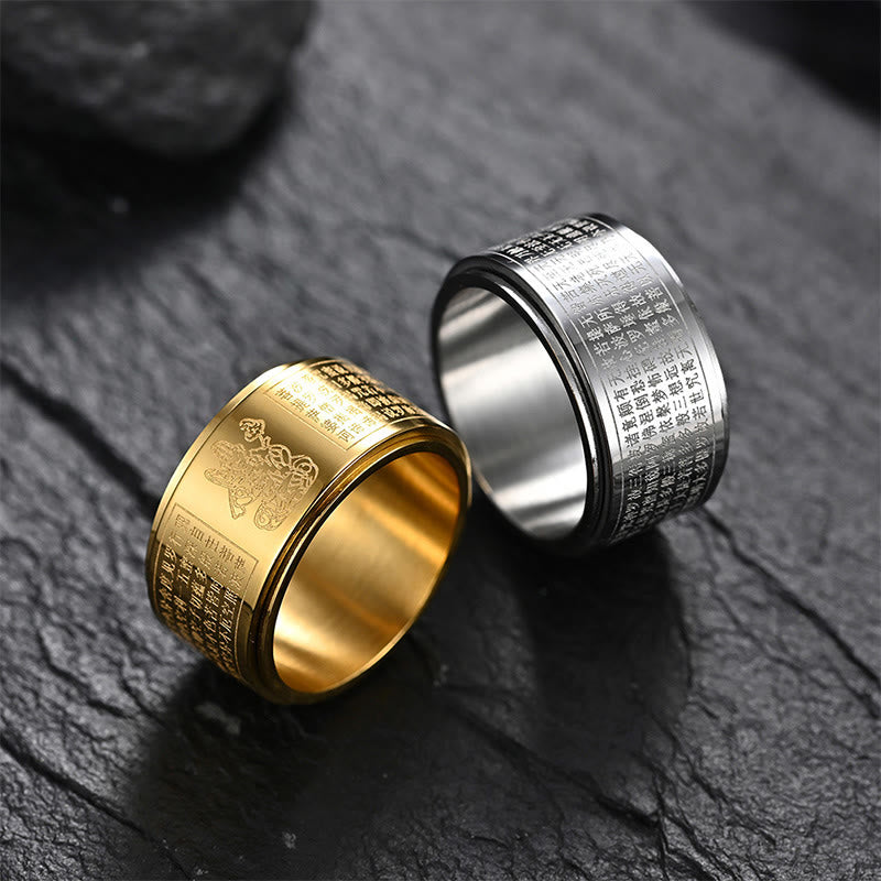 Buddha Stones Chiński Zodiak Natal Budda Sutra Serca Rzeźbiony Tytan Stal Spokojny Obrotowy Pierścień