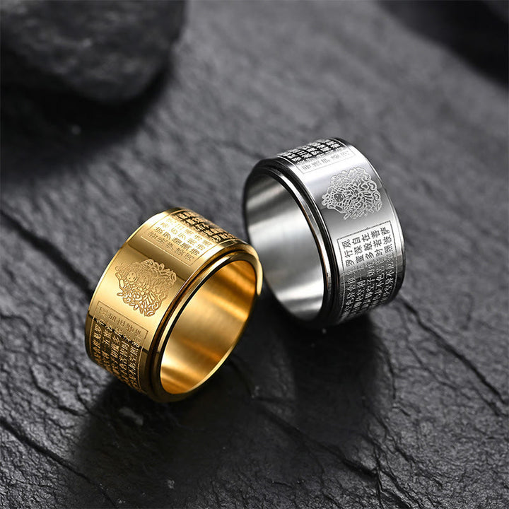 Buddha Stones Chiński Zodiak Natal Budda Sutra Serca Rzeźbiony Tytan Stal Spokojny Obrotowy Pierścień