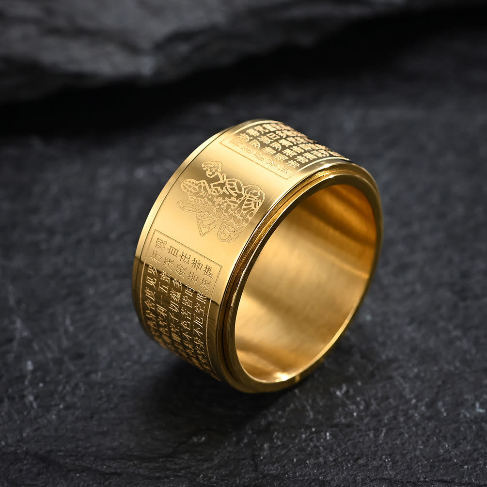 Buddha Stones Chiński Zodiak Natal Budda Sutra Serca Rzeźbiony Tytan Stal Spokojny Obrotowy Pierścień