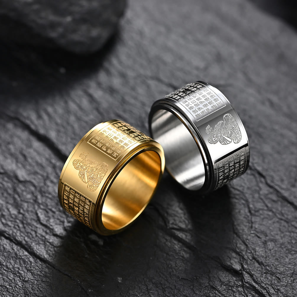 Buddha Stones Chiński Zodiak Natal Budda Sutra Serca Rzeźbiony Tytan Stal Spokojny Obrotowy Pierścień