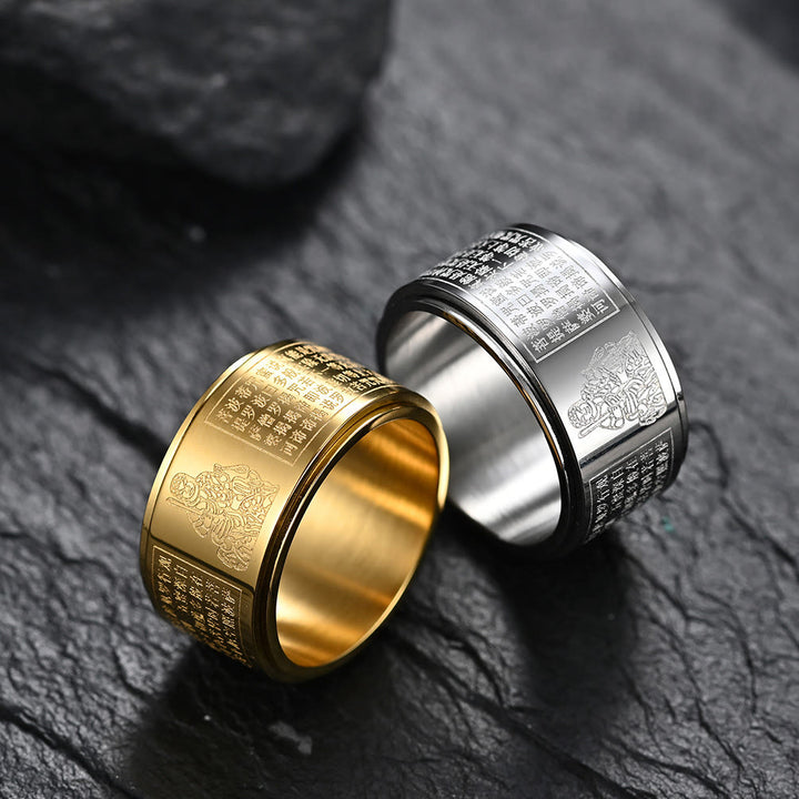 Buddha Stones Chiński Zodiak Natal Budda Sutra Serca Rzeźbiony Tytan Stal Spokojny Obrotowy Pierścień