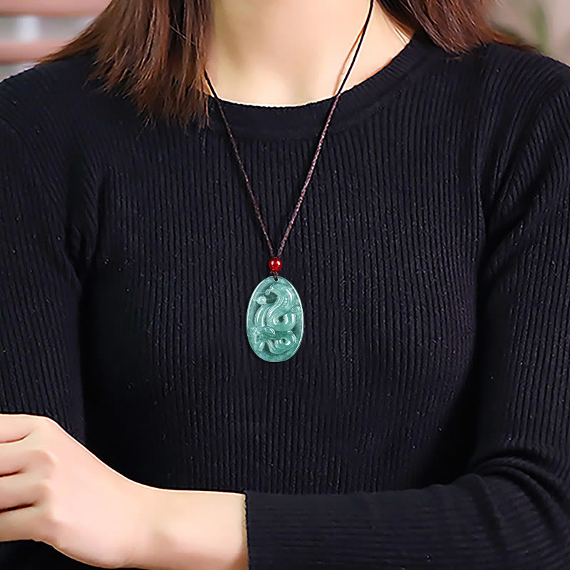 Buddha Stones Naturalny Jadeit Owalny Naszyjnik Wisiorek Szczęścia Roku Węża