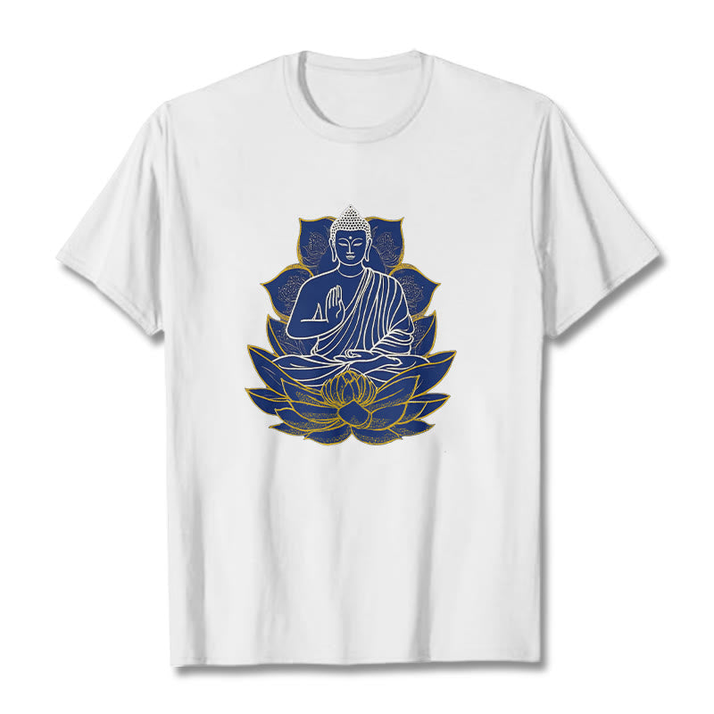 Buddha Stones Budda Siedzący Na Lotosie Bawełniana Koszulka T-shirt - Biały - 2XL - image 1