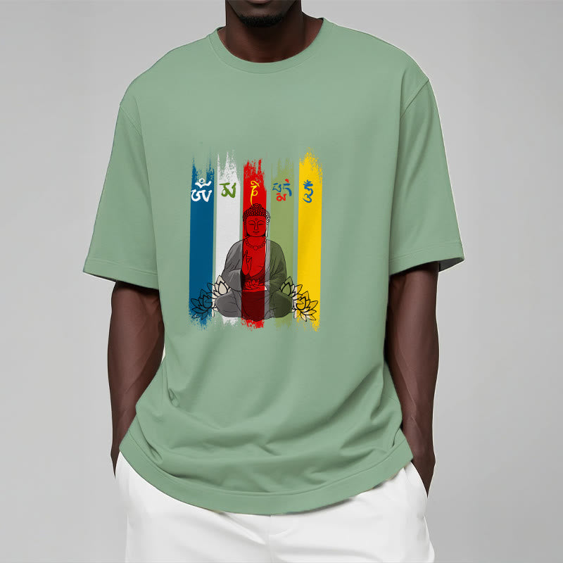 Buddha Stones Sześć Prawdziwych Słów ' Om Mani Padme Hum' Budda Siedzący Z Lotosem Bawełniana Koszulka T-shirt - image 19