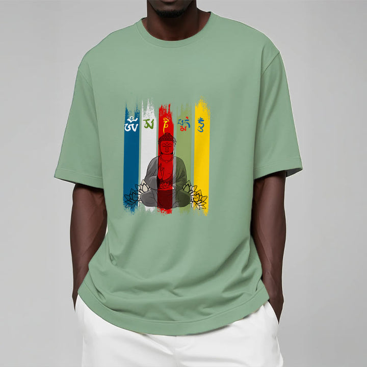 Buddha Stones Sześć Prawdziwych Słów ' Om Mani Padme Hum' Budda Siedzący Z Lotosem Bawełniana Koszulka T-shirt - image 19