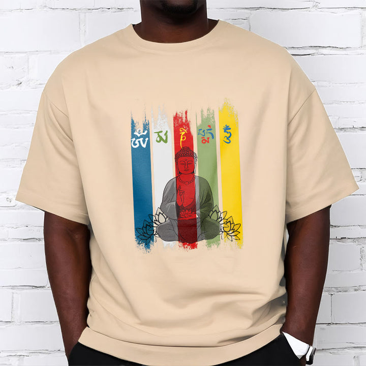 Buddha Stones Sześć Prawdziwych Słów ' Om Mani Padme Hum' Budda Siedzący Z Lotosem Bawełniana Koszulka T-shirt - image 12