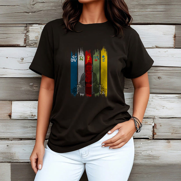 Buddha Stones Sześć Prawdziwych Słów ' Om Mani Padme Hum' Budda Siedzący Z Lotosem Bawełniana Koszulka T-shirt - image 6