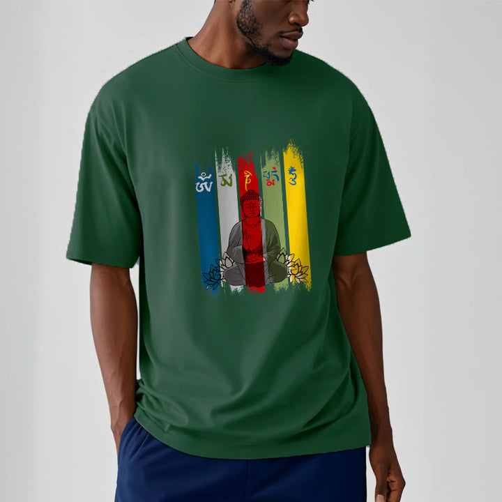 Buddha Stones Sześć Prawdziwych Słów ' Om Mani Padme Hum' Budda Siedzący Z Lotosem Bawełniana Koszulka T-shirt - image 8