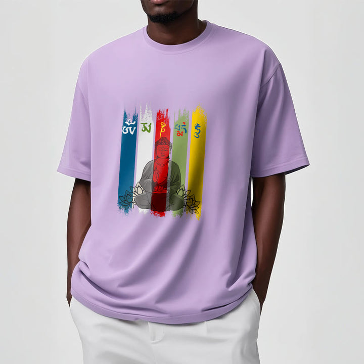 Buddha Stones Sześć Prawdziwych Słów ' Om Mani Padme Hum' Budda Siedzący Z Lotosem Bawełniana Koszulka T-shirt - image 17
