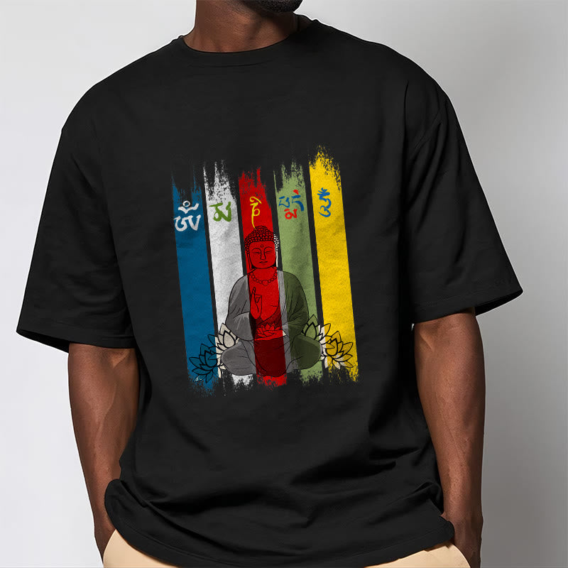 Buddha Stones Sześć Prawdziwych Słów ' Om Mani Padme Hum' Budda Siedzący Z Lotosem Bawełniana Koszulka T-shirt - image 3