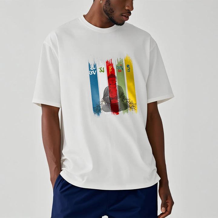 Buddha Stones Sześć Prawdziwych Słów ' Om Mani Padme Hum' Budda Siedzący Z Lotosem Bawełniana Koszulka T-shirt - image 9