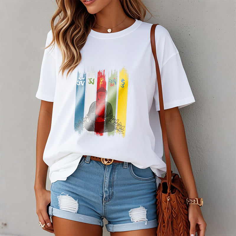 Buddha Stones Sześć Prawdziwych Słów ' Om Mani Padme Hum' Budda Siedzący Z Lotosem Bawełniana Koszulka T-shirt - image 10