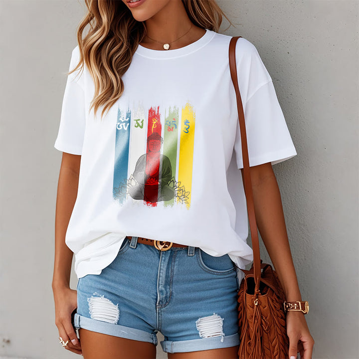 Buddha Stones Sześć Prawdziwych Słów ' Om Mani Padme Hum' Budda Siedzący Z Lotosem Bawełniana Koszulka T-shirt - image 10