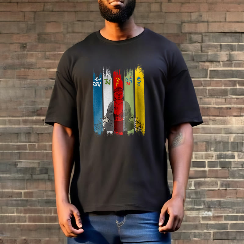 Buddha Stones Sześć Prawdziwych Słów ' Om Mani Padme Hum' Budda Siedzący Z Lotosem Bawełniana Koszulka T-shirt - image 4