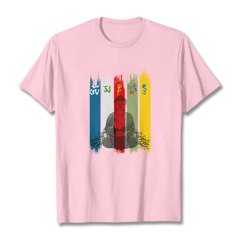 Buddha Stones Sześć Prawdziwych Słów ' Om Mani Padme Hum' Budda Siedzący Z Lotosem Bawełniana Koszulka T-shirt - Jasnoróżowy - 2XL - image 14
