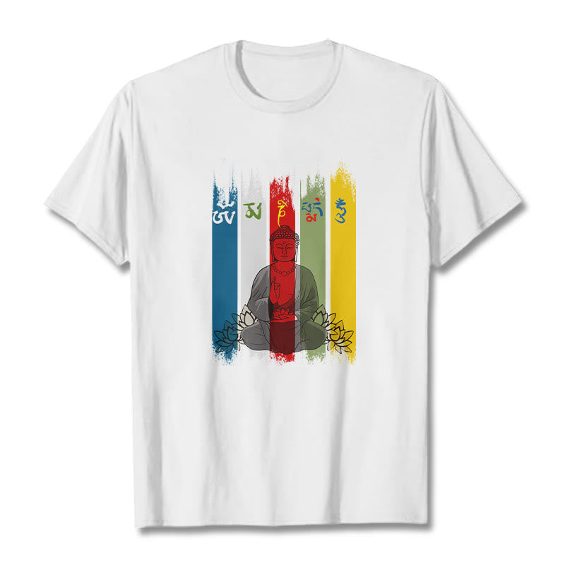 Buddha Stones Sześć Prawdziwych Słów ' Om Mani Padme Hum' Budda Siedzący Z Lotosem Bawełniana Koszulka T-shirt - Biały - 2XL - image 8