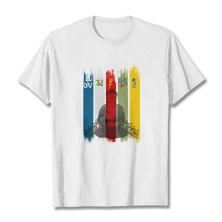 Buddha Stones Sześć Prawdziwych Słów ' Om Mani Padme Hum' Budda Siedzący Z Lotosem Bawełniana Koszulka T-shirt - Biały - 2XL - image 8