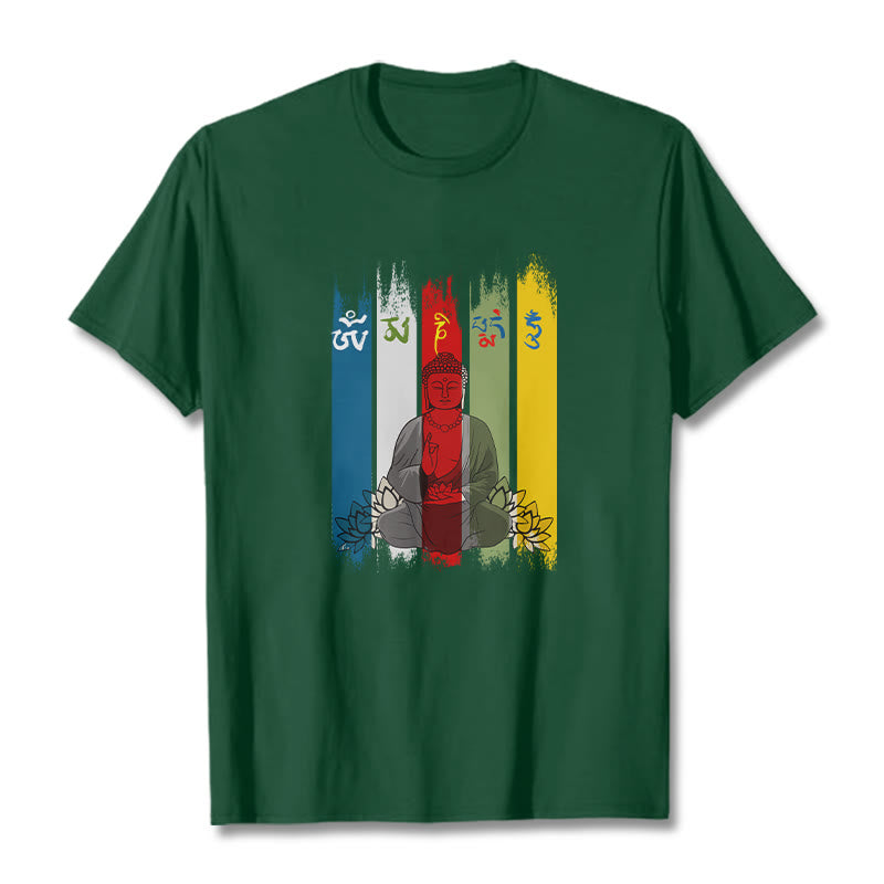 Buddha Stones Sześć Prawdziwych Słów ' Om Mani Padme Hum' Budda Siedzący Z Lotosem Bawełniana Koszulka T-shirt - ForestGreen - 2XL - image 6