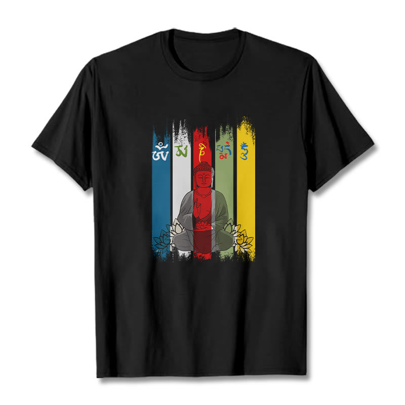 Buddha Stones Sześć Prawdziwych Słów ' Om Mani Padme Hum' Budda Siedzący Z Lotosem Bawełniana Koszulka T-shirt - Czarny - 2XL - image 2