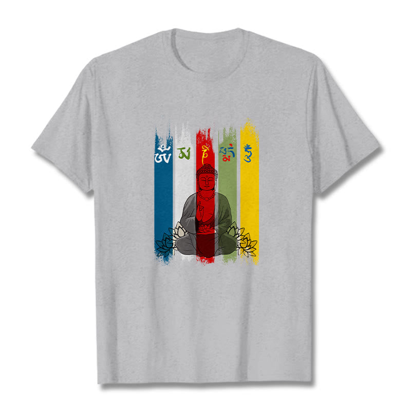 Buddha Stones Sześć Prawdziwych Słów ' Om Mani Padme Hum' Budda Siedzący Z Lotosem Bawełniana Koszulka T-shirt - Jasnoszary - 2XL - image 0