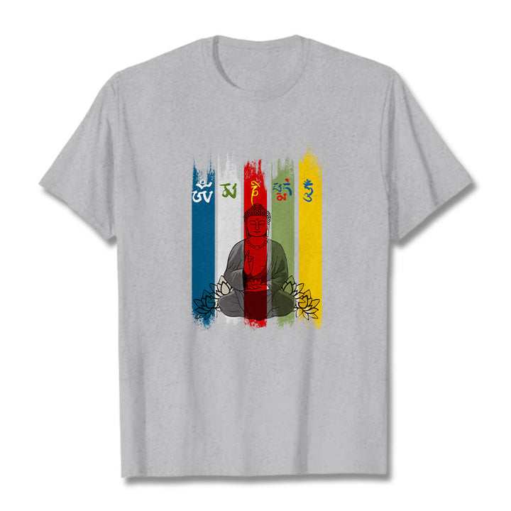 Buddha Stones Sześć Prawdziwych Słów ' Om Mani Padme Hum' Budda Siedzący Z Lotosem Bawełniana Koszulka T-shirt - Jasnoszary - 2XL - image 0