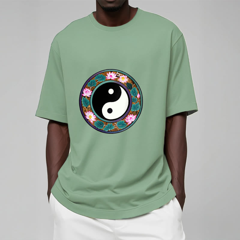 Koszulka z Buddha Stones Yin Yang Liście Lotosu Bawełniana Koszulka - image 2