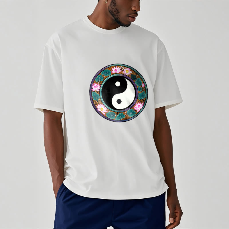 Koszulka z Buddha Stones Yin Yang Liście Lotosu Bawełniana Koszulka - image 11