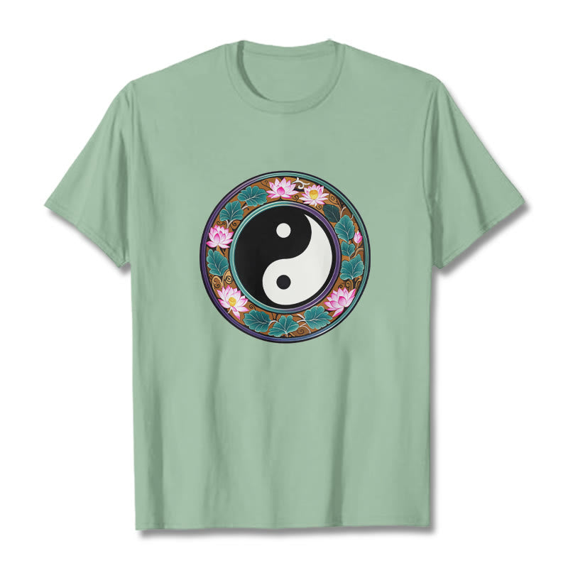 Koszulka z Buddha Stones Yin Yang Liście Lotosu Bawełniana Koszulka - PaleGreen - 2XL - image 1