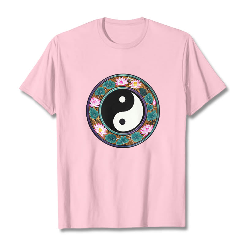 Koszulka z Buddha Stones Yin Yang Liście Lotosu Bawełniana Koszulka - Jasnoróżowy - 2XL - image 17