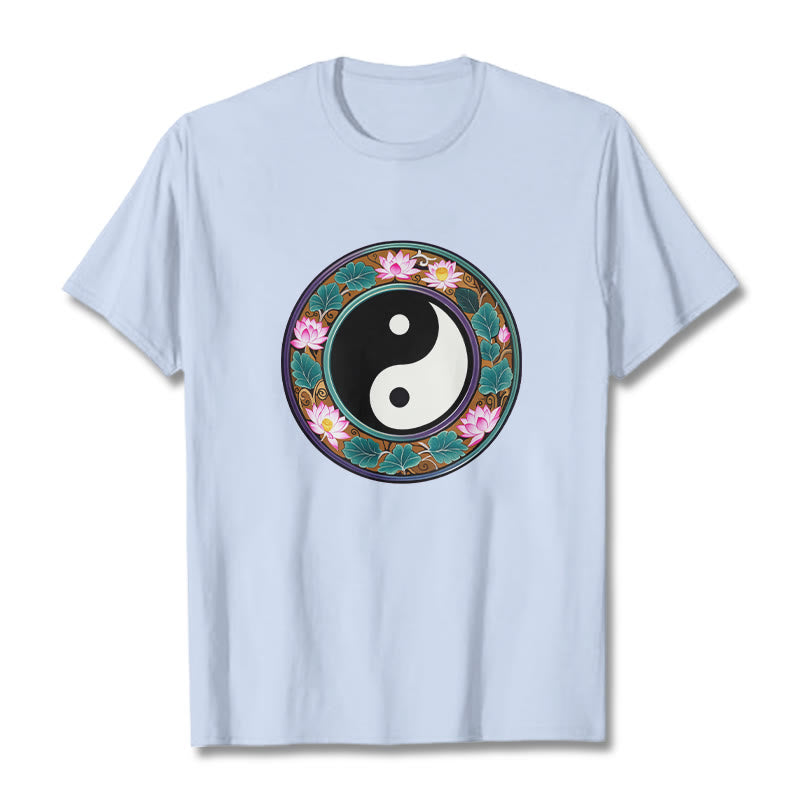 Koszulka z Buddha Stones Yin Yang Liście Lotosu Bawełniana Koszulka - Jasnoniebieski - 2XL - image 14